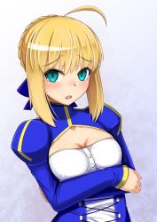 Rule 34 | 1girl, ahoge, alfort (may0508), artoria pendragon (fate), blush, breasts, cleavage cutout, clothing cutout, crossed arms, fate/stay night, fate (series), highres, juliet sleeves, long sleeves, looking at viewer, panties, puffy sleeves, saber (fate), short hair, solo, tears, underwear, upper body