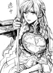 Rule 34 | 1girl, armor, braid, breastplate, closed mouth, commentary request, gloves, greyscale, holding, holding weapon, hungry clicker, long hair, monochrome, pauldrons, ravness loxaerion, shoulder armor, simple background, sketch, solo, tactics ogre, upper body, very long hair, weapon, white background