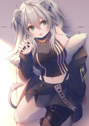 Rule 34 | 1girl, absurdres, against wall, ahoge, animal ears, anju (mocomocousagi), bare shoulders, black jacket, black nails, black shirt, black thighhighs, breasts, claw pose, cleavage, earrings, eyelashes, eyes visible through hair, fangs, fur-trimmed jacket, fur trim, grey eyes, grey hair, hair between eyes, highres, hololive, jacket, jewelry, large breasts, leaning, leg up, lion ears, lion girl, lion tail, long hair, looking at viewer, midriff, nail polish, navel, necklace, off shoulder, open mouth, see-through, see-through cleavage, shirt, shishiro botan, shishiro botan (1st costume), single thighhigh, sleeves past fingers, sleeves past wrists, solo, strap, tail, thighhighs, virtual youtuber, zipper