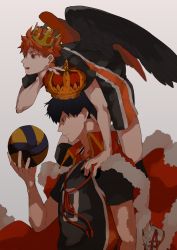 Rule 34 | 2boys, ball, black hair, cape, crown, fur trim, haikyuu!!, hand on another&#039;s shoulder, highres, hinata shouyou, holding, holding ball, kageyama tobio, looking away, male focus, multiple boys, open mouth, orange eyes, orange hair, profile, shaded face, short hair, simple background, sportswear, standing, tatami06, volleyball uniform, wings