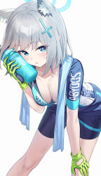 Rule 34 | 1girl, absurdres, animal ear fluff, animal ears, aqua eyes, bike jersey, bike shorts, biker clothes, blue archive, blush, bodysuit, bottle, breasts, cleavage, collarbone, cross hair ornament, extra ears, gloves, green gloves, grey hair, hair ornament, halo, highres, holding, holding bottle, leaning forward, looking at viewer, medium breasts, mismatched pupils, official alternate costume, pizza (pizzania company), shiroko (blue archive), shiroko (cycling) (blue archive), simple background, solo, sweat, white background, wolf ears
