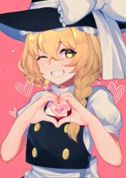 Rule 34 | 1girl, ;d, apron, blonde hair, bow, braid, commentary, grin, hat, hat bow, heart, heart hands, highres, kirisame marisa, looking at viewer, majime joe, one eye closed, open mouth, pink background, puffy sleeves, red background, smile, solo, symbol-only commentary, teeth, touhou, waist apron, white bow, witch hat, yellow eyes