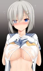 Rule 34 | 10s, 1girl, black background, blue eyes, blush, breasts, buttons, cleavage, collarbone, dripping, eyes visible through hair, flying sweatdrops, gloves, gradient background, grey background, hair ornament, hair over one eye, hairclip, hamakaze (kancolle), hands on own chest, kantai collection, large breasts, looking at viewer, open clothes, paizuri invitation, school uniform, see-through, serafuku, short hair, short sleeves, silver hair, solo, takeyuu, tears, underboob, uniform, upper body, wet, wet clothes, white gloves