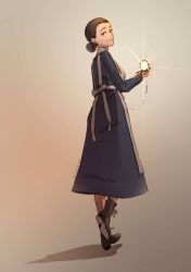 Rule 34 | apron, boots, clock, dress, highres, isabella (yakusoku no neverland), looking at viewer, maid, maid apron, pocket watch, simple background, smile, solo, standing, syertse, watch, yakusoku no neverland