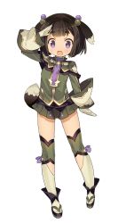 Rule 34 | 1girl, :d, absurdres, animal ears, black hair, blade (galaxist), blush, dog ears, dog girl, dog tail, fingerless gloves, full body, gloves, hair bobbles, hair ornament, highres, official art, open mouth, pleated skirt, pop-up story, purple eyes, renge miyamoto, salute, short hair, skirt, smile, solo, straight-on, tail, thick eyebrows, thick thighs, thighs, transparent background