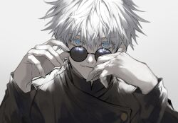 Rule 34 | 1boy, blue eyes, closed mouth, commentary request, gojou satoru, grey background, hands up, highres, jujutsu kaisen, long sleeves, looking at viewer, male focus, nozz177, round eyewear, short hair, solo, sunglasses, white hair