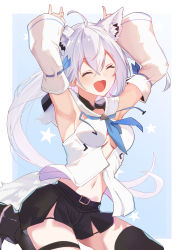 Rule 34 | 1girl, animal ear fluff, animal ears, arito arayuru, armpits, arms up, black shorts, blue background, blue neckerchief, border, breasts, closed eyes, commentary request, detached sleeves, facing viewer, fox ears, fox girl, hair between eyes, highres, hololive, hood, hoodie, long hair, midriff, navel, neckerchief, open mouth, shirakami fubuki, shirakami fubuki (1st costume), shorts, sidelocks, simple background, single thighhigh, small breasts, solo, thigh strap, thighhighs, virtual youtuber, white hoodie, white sleeves