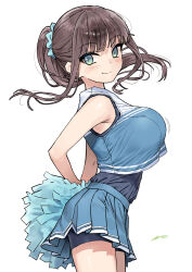 Rule 34 | 1girl, arms behind back, bare shoulders, blue shirt, blue skirt, blush, breasts, brown hair, cheer-chan (tawawa), cheerleader, crop top, getsuyoubi no tawawa, green eyes, highres, holding, holding pom poms, kaedeko (kaedelic), large breasts, long hair, looking at viewer, oppai loli, pleated skirt, pom pom (cheerleading), pom poms, ponytail, shirt, sidelocks, skirt, smile, solo, thighs