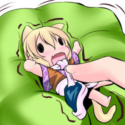 Rule 34 | 1girl, ^^^, animal ears, bare legs, belly rub, blonde hair, blush, cat ears, cat girl, cat tail, chibi, extra ears, fang, female focus, hoshizuki (seigetsu), kemonomimi mode, lying, mini person, minigirl, mizuhashi parsee, on back, open mouth, outstretched arms, pointy ears, puru-see (hoshizuki (seigetsu)), scarf, shirt, skirt, solo, tail, touhou, trembling, | |