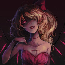 Rule 34 | 1girl, absurdres, alternate costume, bare shoulders, blonde hair, blood, blood from mouth, bow, breasts, collarbone, dark background, fangs, fingernails, flandre scarlet, glowing, glowing eye, hair bow, hair over one eye, highres, kyogoku-uru, large bow, long fingernails, long hair, looking at viewer, nail polish, no headwear, one side up, open mouth, red background, red bow, red eyes, red nails, scar, scar on chest, sharp fingernails, simple background, small breasts, solo, touhou, upper body, wings
