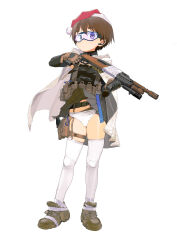 Rule 34 | 1girl, absurdres, belt, black necktie, black shirt, brown eyes, brown gloves, brown hair, cape, christmas, closed mouth, clothes lift, combat shotgun, commentary, dress shirt, earpiece, frown, full body, garter straps, gloves, goggles, grey footwear, grey skirt, gun, handgun, harness, hat, highres, holding, holding gun, holding weapon, holstered, hood, hood down, hooded cape, looking at viewer, miniskirt, necktie, original, panties, pleated skirt, pouch, red hat, santa hat, shirt, shoes, short hair, shotgun, simple background, skirt, skirt lift, sneakers, solo, standing, symbol-only commentary, thigh pouch, thighhighs, underwear, utility belt, weapon, white background, white cape, white panties, white thighhighs, wind, wind lift, wing collar, zhongye yu