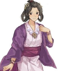 Rule 34 | 1girl, ace attorney, bead necklace, beads, black eyes, black hair, cosplay, costume switch, hair ornament, hair rings, hand up, jacket, japanese clothes, jewelry, maya fey, necklace, no bangs, shimomoki, smile, solo, susato mikotoba, the great ace attorney, white background