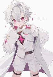 Rule 34 | 1boy, 33bun3, absurdres, ahoge, almond, animal, animal on shoulder, belt, blush, coat, commission, fingerless gloves, food, frills, gloves, grey background, grey hair, hair between eyes, hand on own hip, highres, holding, holding food, male focus, open clothes, open coat, original, purple eyes, short shorts, shorts, simple background, skeb commission, sleeves past wrists, sparkle, thank you, thigh strap, tongue, tongue out, twitter username, white coat, white shorts