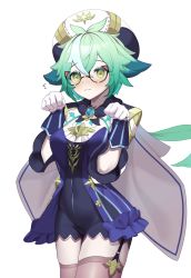 Rule 34 | 1girl, :3, absurdres, alternate eyewear, anemo (genshin impact), animal ears, beret, black thighhighs, blue dress, blush, breasts, cat ears, clenched hands, covered navel, dress, genshin impact, glasses, gloves, gold trim, green hair, hat, highres, komadera, long hair, long sleeves, looking at viewer, multicolored hair, navel, open mouth, orange eyes, paw pose, ponytail, simple background, smile, solo, sucrose (genshin impact), thighhighs, vision (genshin impact), white background