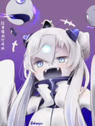 Rule 34 | +++, 1girl, abyssal ship, akino shuu, blue eyes, character name, colored skin, enemy aircraft (kancolle), fangs, horns, kantai collection, long hair, ofuda, open mouth, skirt, sleeves past fingers, sleeves past wrists, solo, super heavy bomber airfield princess, twitter username, upper body, white hair, white skin, white skirt, wide sleeves