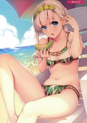 Rule 34 | 1girl, absurdres, adjusting hair, artist name, bikini, blue eyes, breasts, cloud, day, eyes visible through hair, fingernails, food, frills, fruit, giuniu, green hairband, hairband, highres, holding, holding food, long hair, looking at viewer, medium breasts, melon, melonbooks, multicolored bikini, multicolored clothes, navel, ocean, open mouth, original, outdoors, parasol, scan, sitting, solo, sparkle, stomach, swimsuit, umbrella, water