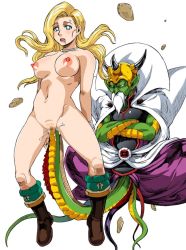 Rule 34 | 1girl, beard, bianca (dq5), blonde hair, blue eyes, breasts, cape, censored, clothed male nude female, crossed arms, dragon quest, dragon quest v, drooling, empty eyes, facial hair, feet, floating, floating hair, helmet, highres, horns, large breasts, legs, long hair, looking at viewer, machwing, mind control, monster, mosaic censoring, navel, nipples, nude, object insertion, open mouth, pubic hair, pussy, rape, saliva, simple background, square enix, thighs, vaginal, vaginal object insertion, white background
