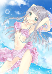 Rule 34 | 1girl, :d, absurdres, armpits, arms up, atelier (series), atelier lulua, ball, beachball, bikini, blue eyes, blue sky, blunt bangs, blush, breasts, cleavage, collarbone, day, dutch angle, elmerulia fryxell, floating hair, front-tie bikini top, front-tie top, highres, hime cut, holding, holding ball, long hair, miyama leaves, nail polish, navel, ocean, open mouth, outdoors, pink nails, sarong, silver hair, sketch, sky, small breasts, smile, solo, sparkle, standing, straight hair, summer, swimsuit, wading, white bikini