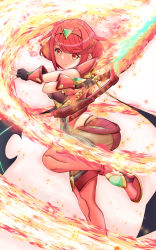 Rule 34 | 1girl, black gloves, breasts, chest jewel, earrings, fingerless gloves, gloves, highres, inuneco, jewelry, large breasts, nintendo, pyra (xenoblade), red eyes, red hair, red shorts, red thighhighs, short hair, short shorts, shorts, solo, super smash bros., swept bangs, sword, thighhighs, tiara, weapon, xenoblade chronicles (series), xenoblade chronicles 2