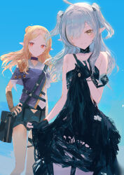 Rule 34 | 2girls, absurdres, ahoge, arknights, bare shoulders, black dress, black gloves, black hair, black shorts, blue sky, brown eyes, brown gloves, closed mouth, commentary request, day, deculture silvermint (arknights), dress, elbow gloves, fingerless gloves, forehead, gloves, grey hair, grin, hair over one eye, hand up, highres, ichika (ichika87), jacket, long hair, multicolored hair, multiple girls, outdoors, parted bangs, partially fingerless gloves, pointy ears, purple jacket, red eyes, shorts, sketch, sky, sleeveless, sleeveless dress, smile, streaked hair, tomimi (arknights), torn clothes, torn dress, two side up