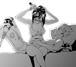 Rule 34 | 1boy, 1girl, adjusting hair, aftersex, arms up, black-framed eyewear, breasts, cleavage, cowboy shot, crossed legs, drone, greyscale, hair bun, hair ornament, hair stick, hand under clothes, hand under shirt, junkrat (overwatch), looking at another, looking down, lying, mechanical arms, medium breasts, mei (overwatch), miringx2, monochrome, nipples, on back, overwatch, overwatch 1, panties, patch, peg leg, prosthesis, reclining, robot, shirt, short hair, shorts, signature, simple background, single hair bun, single mechanical arm, sitting, sketch, smile, snowball (overwatch), snowflake hair ornament, tank top, tattoo, topless male, underwear, underwear only, white background