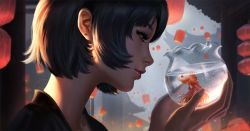 Rule 34 | 1girl, black hair, commentary request, earrings, fish, fishbowl, from side, goldfish, jewelry, lantern, lantern festival, original, short hair, submerged, wang chen, water