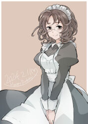 Rule 34 | 1girl, alternate costume, alternate hairstyle, apron, asano fuka, birthday, black dress, breasts, brown background, brown eyes, brown hair, buttons, closed mouth, collar, collared dress, commentary request, cowboy shot, dated, dress, english text, frilled apron, frilled headwear, frills, glasses, happy birthday, headdress, highres, idolmaster, idolmaster cinderella girls, juliet sleeves, large breasts, long sleeves, looking at viewer, maid, maid apron, maid headdress, medium bangs, medium hair, puffy sleeves, rebasaship, simple background, sleeve cuffs, smile, solo, split mouth, standing, v arms, white apron, white collar, white headdress