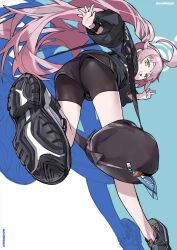 Rule 34 | 1girl, ahoge, ass, bag, bike shorts, bike shorts under shorts, black jacket, black shorts, blue archive, from behind, gohanduck, heterochromia, highres, hoshino (blue archive), jacket, long hair, long sleeves, looking at viewer, looking back, off shoulder, pink hair, ponytail, shoes, short shorts, shorts, signature, simple background, sneakers, solo, very long hair, yellow eyes