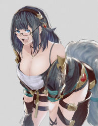 Rule 34 | 1girl, bare shoulders, bent over, black-framed eyewear, black hair, blue eyes, breasts, cleavage, commentary request, glasses, granblue fantasy, grey background, highres, illnott (granblue fantasy), jewelry, kuruto., large breasts, navel, necklace, pendant, raised eyebrow, signature, simple background, smile, smug, solo, thick thighs, thigh strap, thighs