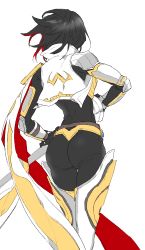 Rule 34 | 1girl, armor, ass, black hair, es (esscarlet), fiora (league of legends), from behind, gauntlets, league of legends, multicolored hair, short hair, shoulder armor, skin tight, solo, pauldrons, sword, weapon