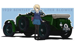 Rule 34 | 1girl, ;), bentley blower, black footwear, black necktie, black pantyhose, blonde hair, blue eyes, blue skirt, blue sweater, braid, car, closed mouth, commentary, country connection, darjeeling (girls und panzer), dress shirt, emblem, girls und panzer, heel up, highres, kano (nakanotakahiro1029), loafers, long sleeves, looking at viewer, miniskirt, motor vehicle, necktie, one eye closed, outline, pantyhose, pleated skirt, school uniform, shadow, shirt, shoes, short hair, skirt, smile, solo, st. gloriana&#039;s (emblem), st. gloriana&#039;s school uniform, standing, sweater, twin braids, union jack, v-neck, vehicle focus, white outline, white shirt, wing collar