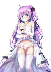 Rule 34 | 1boy, absurdres, azur lane, bare shoulders, blue eyes, blunt bangs, blush, bulge, cosplay, crossdressing, dress, erection, erection under clothes, highres, long hair, looking at viewer, male focus, panties, purple hair, senchimee, simple background, solo, standing, thighhighs, trap, underwear, unicorn (azur lane), unicorn (azur lane) (cosplay), very long hair, white background, white panties, white thighhighs