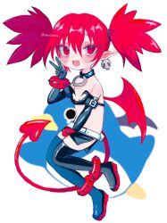 Rule 34 | 1girl, absurdres, bandeau, blush, boots, commentary request, demon girl, demon tail, demon wings, disgaea, earrings, elbow gloves, etna (disgaea), fang, flat chest, full body, gloves, highres, jewelry, looking at viewer, makai senki disgaea, medium hair, miniskirt, o-ring collar, open mouth, pointy ears, prinny, red eyes, red hair, red wings, renakobonb, skirt, skull earrings, smile, tail, thigh boots, twintails, v, wings