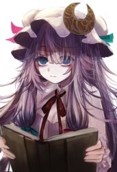 Rule 34 | 1girl, blue eyes, blue ribbon, book, breasts, cleavage, commentary request, crescent, crescent hair ornament, dress, eyes visible through hair, hair between eyes, hair ornament, hair ribbon, hat, hat ribbon, highres, holding, holding book, long hair, long sleeves, looking at viewer, maho moco, messy hair, mob cap, neck ribbon, patchouli knowledge, purple dress, purple hair, purple hat, red ribbon, ribbon, sidelocks, simple background, solo, striped clothes, striped dress, touhou, upper body, vertical-striped clothes, vertical-striped dress, white background, wing collar