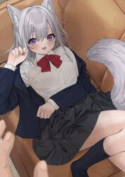 Rule 34 | 1girl, :d, animal ears, black skirt, blue jacket, blurry, breasts, commentary request, couch, depth of field, fox ears, fox girl, fox tail, grey hair, highres, jacket, long sleeves, looking at viewer, lying, medium breasts, medium hair, miniskirt, on back, on couch, open clothes, open jacket, open mouth, original, pleated skirt, pov, pov hands, purple eyes, shirt, skirt, smile, suit jacket, sweatdrop, tail, waichi, white shirt