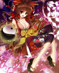 Rule 34 | &gt;:d, 1girl, :d, alternate costume, bare shoulders, bike shorts, blizzomos, bow, breasts, brown hair, cleavage, collarbone, floral print, foreshortening, full body, geta, gohei, hair bow, hair ornament, hair stick, hair tubes, hakurei reimu, highres, japanese clothes, large breasts, long hair, looking at viewer, ofuda, oonusa, open mouth, platform clogs, print shorts, red bow, red eyes, shorts, shorts under skirt, smile, solo, touhou, v-shaped eyebrows, yellow bow, yin yang