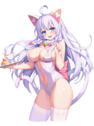 Rule 34 | 1girl, :3, :d, ahoge, animal ears, areola slip, blue eyes, blush, bow, braid, breasts, cat tail, cleavage, clothing cutout, contrapposto, covered erect nipples, cowboy shot, cropped legs, cup, fang, flower, hair flower, hair ornament, highres, large breasts, latioss, leotard, light purple hair, long hair, looking at viewer, navel, navel cutout, open mouth, original, simple background, smile, solo, tail, tail bow, tail ornament, teacup, thighhighs, tray, twin braids, very long hair, white background, white thighhighs