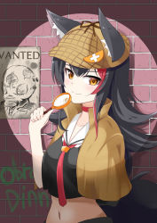 Rule 34 | 1girl, animal ear fluff, animal ears, black hair, brick wall, choker, closed mouth, collarbone, commentary request, crop top, deerstalker, hat, hololive, ichimi, long hair, looking at viewer, magnifying glass, midriff, multicolored hair, navel, necktie, ookami mio, ookami mio (1st costume), red choker, red hair, red necktie, return of the obra dinn, sailor collar, short sleeves, sidelocks, smile, solo, spotlight, standing, streaked hair, upper body, virtual youtuber, white sailor collar, wolf ears, yellow eyes