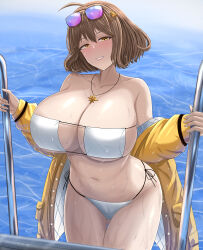 Rule 34 | 1girl, absurdres, anis (nikke), anis (sparkling summer) (nikke), archstreal, bare shoulders, bikini, blush, breasts, brown hair, cleavage, collarbone, commentary, eyewear on head, goddess of victory: nikke, hair ornament, highres, jacket, jewelry, large breasts, long sleeves, looking at viewer, navel, necklace, off shoulder, open clothes, open jacket, parted lips, pool ladder, side-tie bikini bottom, smile, solo, stomach, sunglasses, swimsuit, thighs, underboob, water, wet, white bikini, yellow eyes, yellow jacket