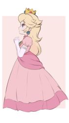 Rule 34 | 1girl, artist name, blonde hair, border, bow, brooch, chocomiru, closed mouth, colored eyelashes, crown, dress, earrings, from side, full body, highres, jewelry, long dress, long hair, mario (series), nintendo, own hands together, pink bow, pink dress, princess peach, signature, simple background, smile, solo, super mario 64, tiara, white border