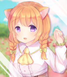 Rule 34 | 1girl, :d, animal ear fluff, animal ears, ascot, blurry, blurry background, blush, bow, braid, brown hair, caramel (caramelmilk), center frills, collared shirt, commentary request, depth of field, frills, green bow, hair bow, hand up, long sleeves, looking at viewer, open mouth, original, purple eyes, shirt, smile, solo, twin braids, upper body, white shirt, yellow ascot