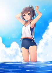 Rule 34 | 10s, 1girl, armpits, brown hair, character name, day, grey eyes, i-401 (kancolle), kantai collection, one-piece swimsuit, ponytail, sailor collar, school swimsuit, short hair, sky, solo, swimsuit, swimsuit under clothes, tama (songe), tan, water