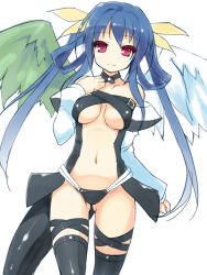 Rule 34 | 1girl, asymmetrical wings, bare shoulders, black panties, blue hair, breasts, center opening, choker, dizzy (guilty gear), guilty gear, hair ribbon, highres, long hair, looking at viewer, navel, ochinsama, panties, red eyes, revealing clothes, ribbon, smile, solo, tail, thigh strap, thighhighs, twintails, underboob, underwear, wings