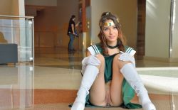 Rule 34 | 1girl, anal, anal object insertion, ass, bishoujo senshi sailor moon, boots, brown hair, butt plug, choker, cosplay, costume, dress, exhibitionism, flashing, gloves, hair ornament, high heel boots, high heels, highres, jewel butt plug, knee boots, long hair, looking at viewer, melody wylde, miniskirt, no panties, object insertion, photo (medium), pleated skirt, pov, public indecency, pussy, sailor collar, sailor jupiter, sailor jupiter (cosplay), sex toy, skirt, spread legs, thighs, uncensored, upskirt