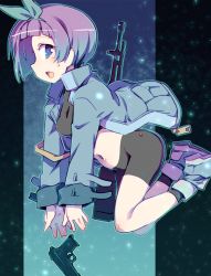 Rule 34 | 1girl, black shorts, black socks, blue eyes, blue hair, blue hairband, blue ribbon, blush, breasts, commentary request, crop top, gradient hair, grey footwear, grey jacket, gun, hair ribbon, hairband, handgun, highres, jacket, long sleeves, looking at viewer, medium breasts, multicolored hair, navel, open clothes, open jacket, open mouth, original, pink hair, profile, ribbon, shoes, short hair, short shorts, shorts, sleeves past wrists, socks, solo, sweat, weapon, yoshi (crossmind)