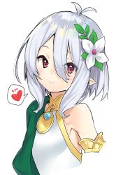 Rule 34 | 1girl, ahoge, antenna hair, armlet, cape, commentary, eyes visible through hair, flower, green cape, hair between eyes, hair flower, hair ornament, heart, highres, kokkoro (princess connect!), looking at viewer, pointy ears, princess connect!, red eyes, sawayaka samehada, short hair, silver hair, simple background, single bare shoulder, smile, solo, split mouth, spoken heart, upper body, white background