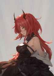 Rule 34 | 1girl, arknights, artist name, bare shoulders, black dress, breasts, chilakkk, dress, highres, horns, long hair, looking at viewer, looking to the side, medium breasts, one eye covered, open mouth, purple eyes, red hair, solo, surtr (arknights)