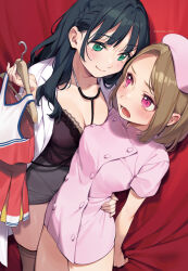 Rule 34 | 2girls, arm around waist, asymmetrical docking, black hair, breast press, breasts, brown hair, brown thighhighs, camisole, cleavage, clothes hanger, cowboy shot, curtain grab, curtains, dress, eye contact, green eyes, grey skirt, highres, holding, lab coat, lace trim, large breasts, long hair, looking at another, miniskirt, multiple girls, nurse, open clothes, original, pink dress, pink headwear, purple eyes, short hair, short sleeves, skirt, stethoscope, thighhighs, wantan meo, yuri
