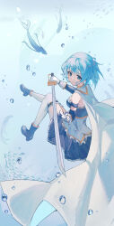 Rule 34 | 1girl, absurdres, air bubble, blue eyes, blue footwear, blue hair, boots, breasts, bubble, cape, detached sleeves, fish, frills, gloves, hair ornament, highres, holding, holding sword, holding weapon, looking to the side, magical girl, mahou shoujo madoka magica, medium breasts, miki sayaka, short hair, skirt, sword, thighhighs, underwater, weapon, white cape, white gloves, xianluojimaomao2333