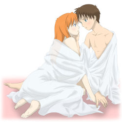 Rule 34 | 1boy, 1girl, artist request, bed sheet, blue eyes, blush, brown hair, couple, covering privates, eye contact, hetero, ikari shinji, long hair, looking at another, naked sheet, neon genesis evangelion, non-web source, nude, red hair, see-through, source request, souryuu asuka langley